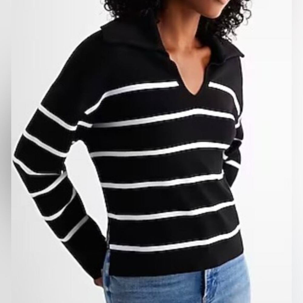 Express Relaxed Striped V-Neck Polo Sweater Black & White Size M NWOT